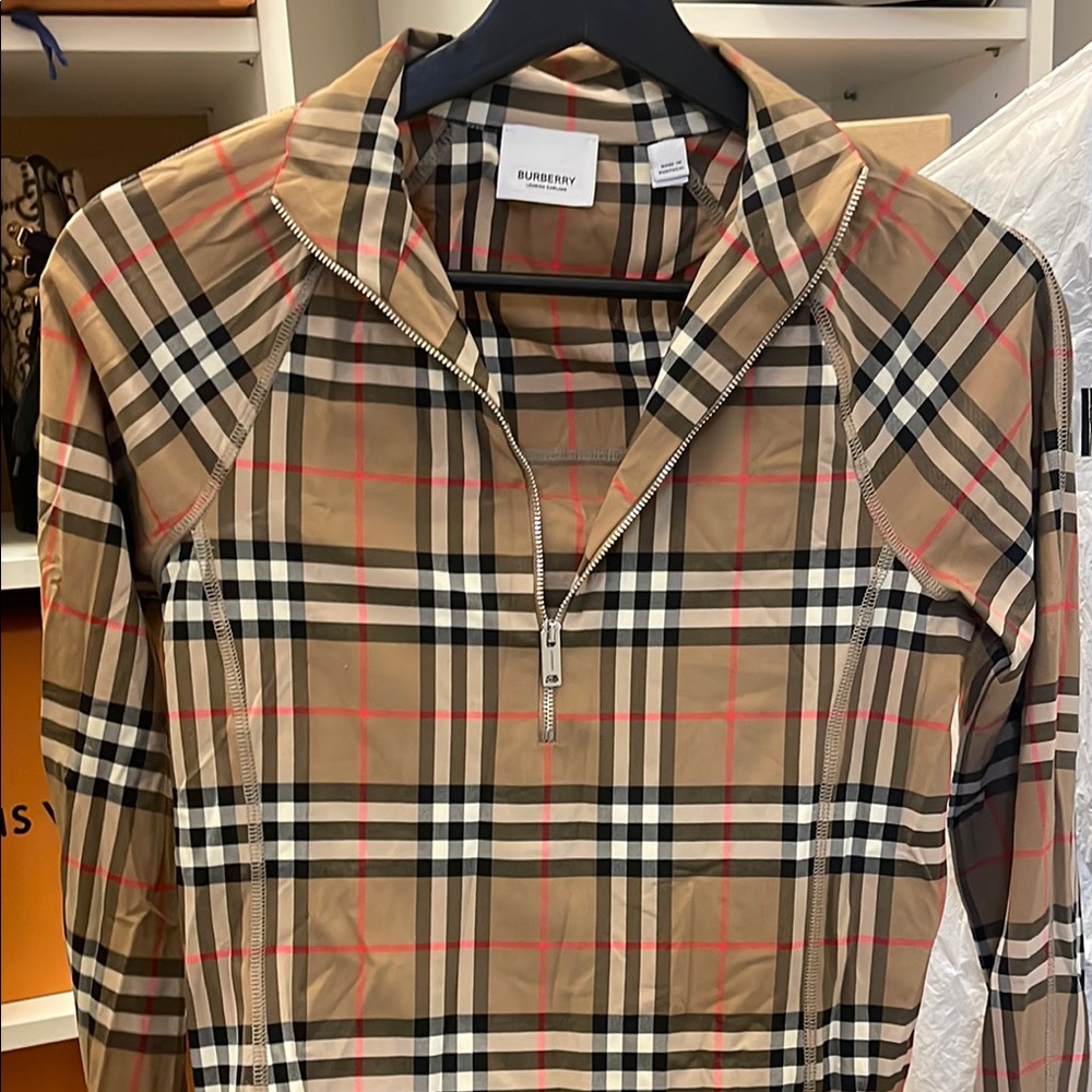 Burberry Beige Plaid Zip-Up Top